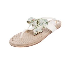 Tory Burch Ivory & Floral Bow Jute Sandals